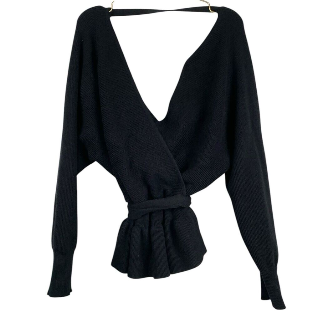 Zesica Womans V Neck Black Wrap Peplum Long Sleeve Sweater Size L 120